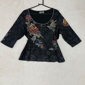 Vanilla Sugar Black Tattoo Rose Y2K Vtg Rhinestone Scoop Neck Size 1X